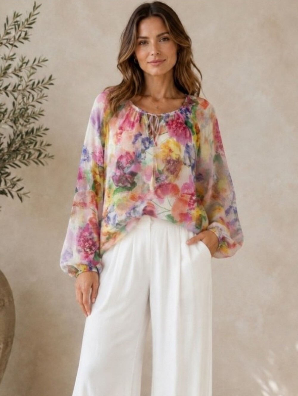 Johnny Was Jade Glinda Silk Peasant Blouse XL Watercolor Floral Sheer With Liner - Picture 2 of 9